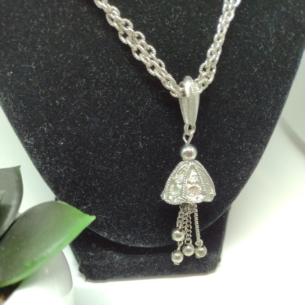 Bright Silvertone  26" Cable Chain  Necklace with Bell Like Dangle